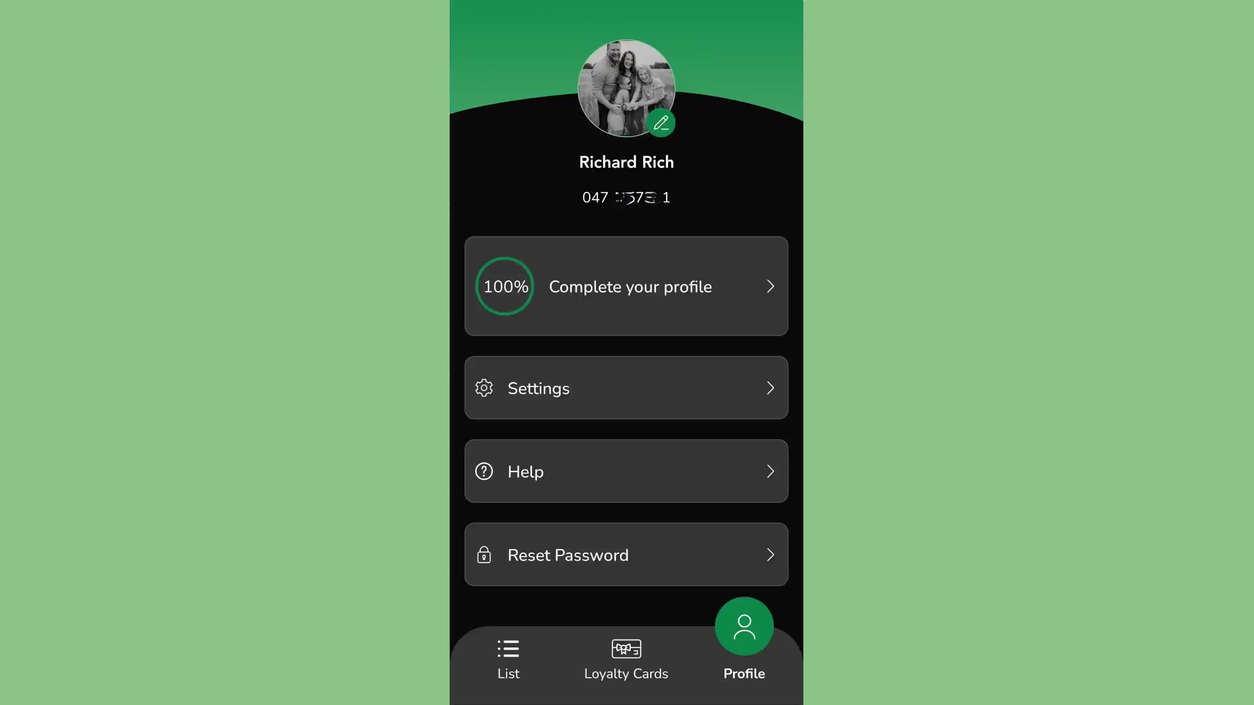 App interface showing profile or settings screen